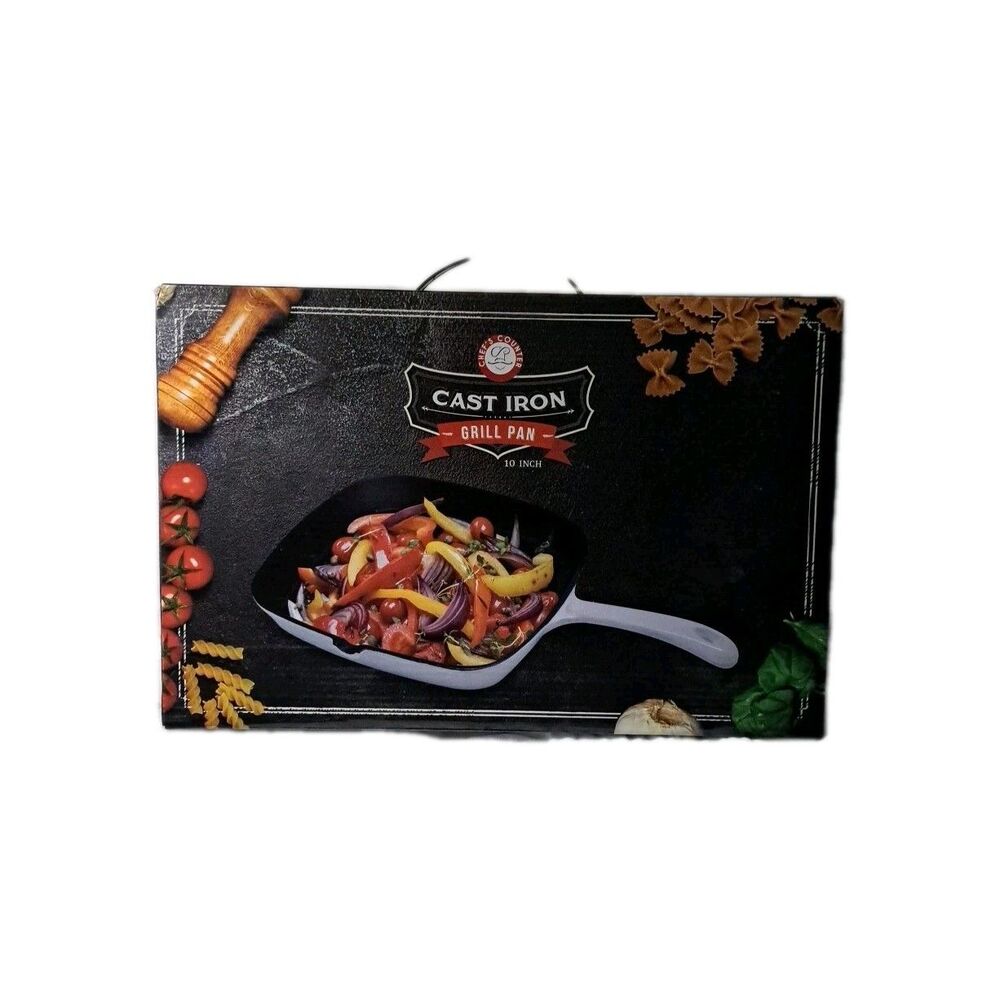 BRAND NEW Chef's Counter Cast Iron Grill Pan 10" Square White Enamel Coating